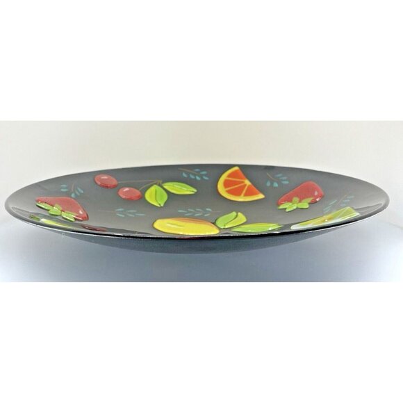 Large 16" Round Platter Vibrant Fused Glass Citrus & Cherry on Black Background - Picture 7 of 8